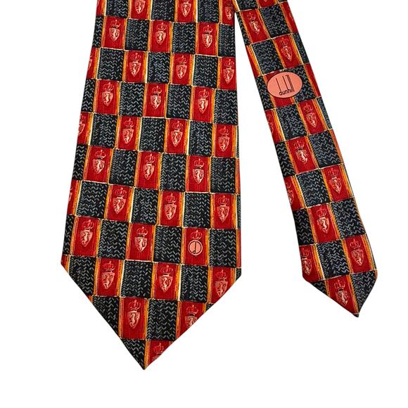 Dunhill Other - VTG Dunhill 100% Silk Necktie Crest Checkerboard Crown Heraldic Red Black Gold